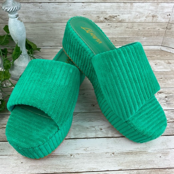 Y2K Liliana Rookie Green Velvet 2.5” Platform Slides-size 10